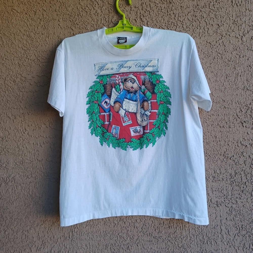 Vintage 90s Screen Best Retro Bear Christmas Graphic Single Stitch XL  White USA